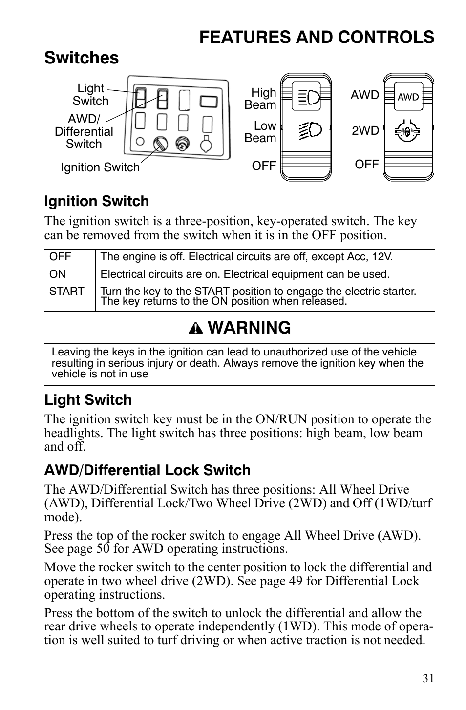 Features and controls switches, Warning, Ignition switch | Light switch, Awd/differential lock switch | Polaris 500 User Manual | Page 34 / 129