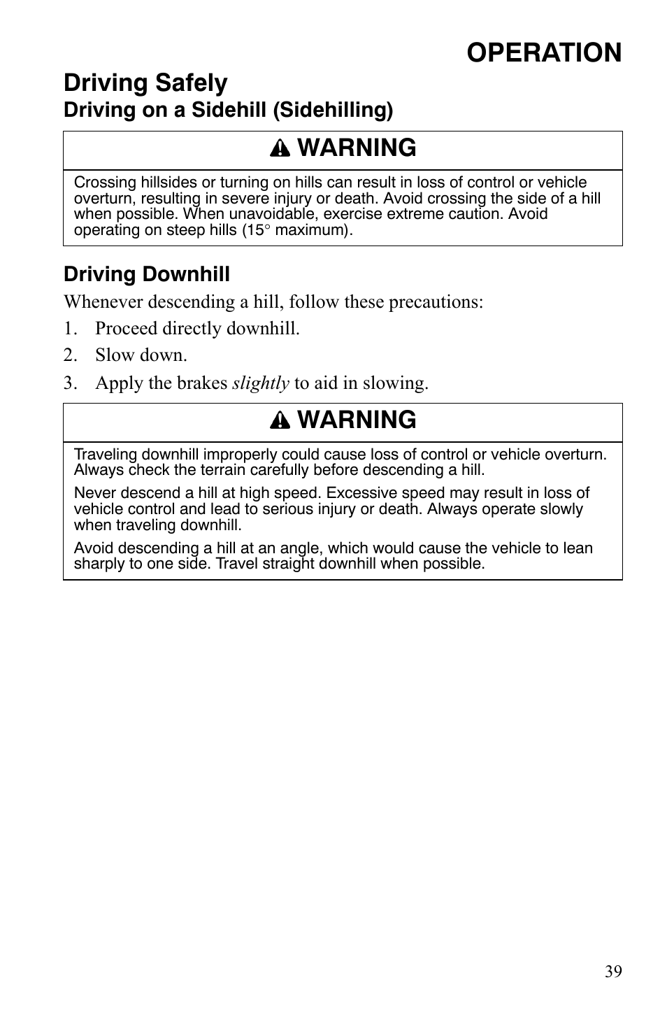 Operation, Driving safely, Warning | Polaris 500 User Manual | Page 42 / 129