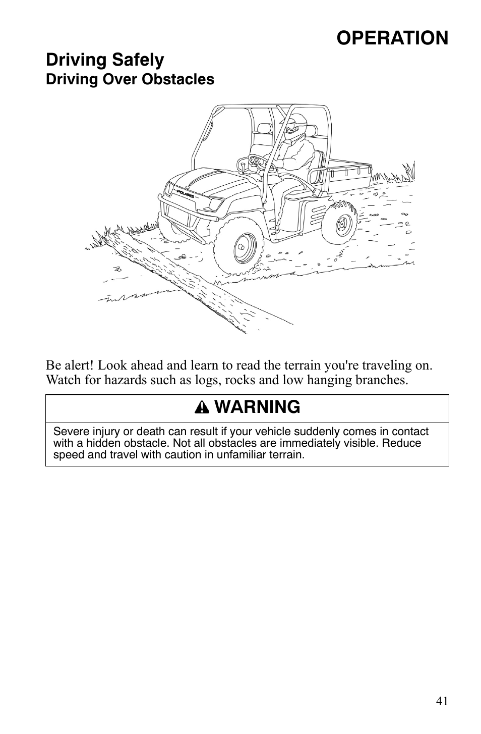 Operation, Driving safely, Warning | Polaris 500 User Manual | Page 44 / 129