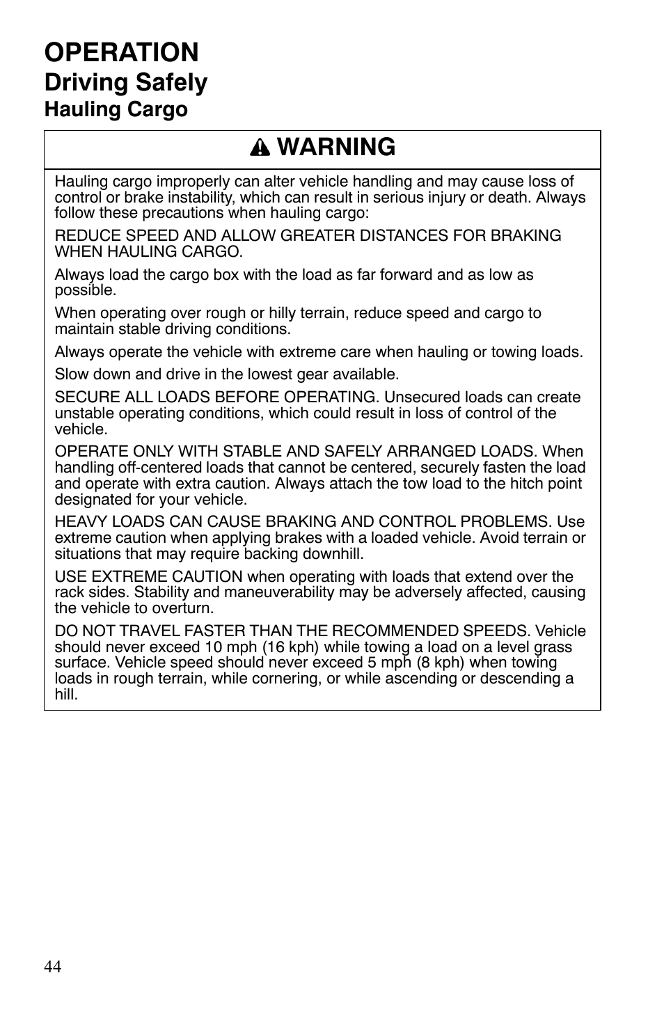 Operation, Driving safely, Warning | Hauling cargo | Polaris 500 User Manual | Page 47 / 129