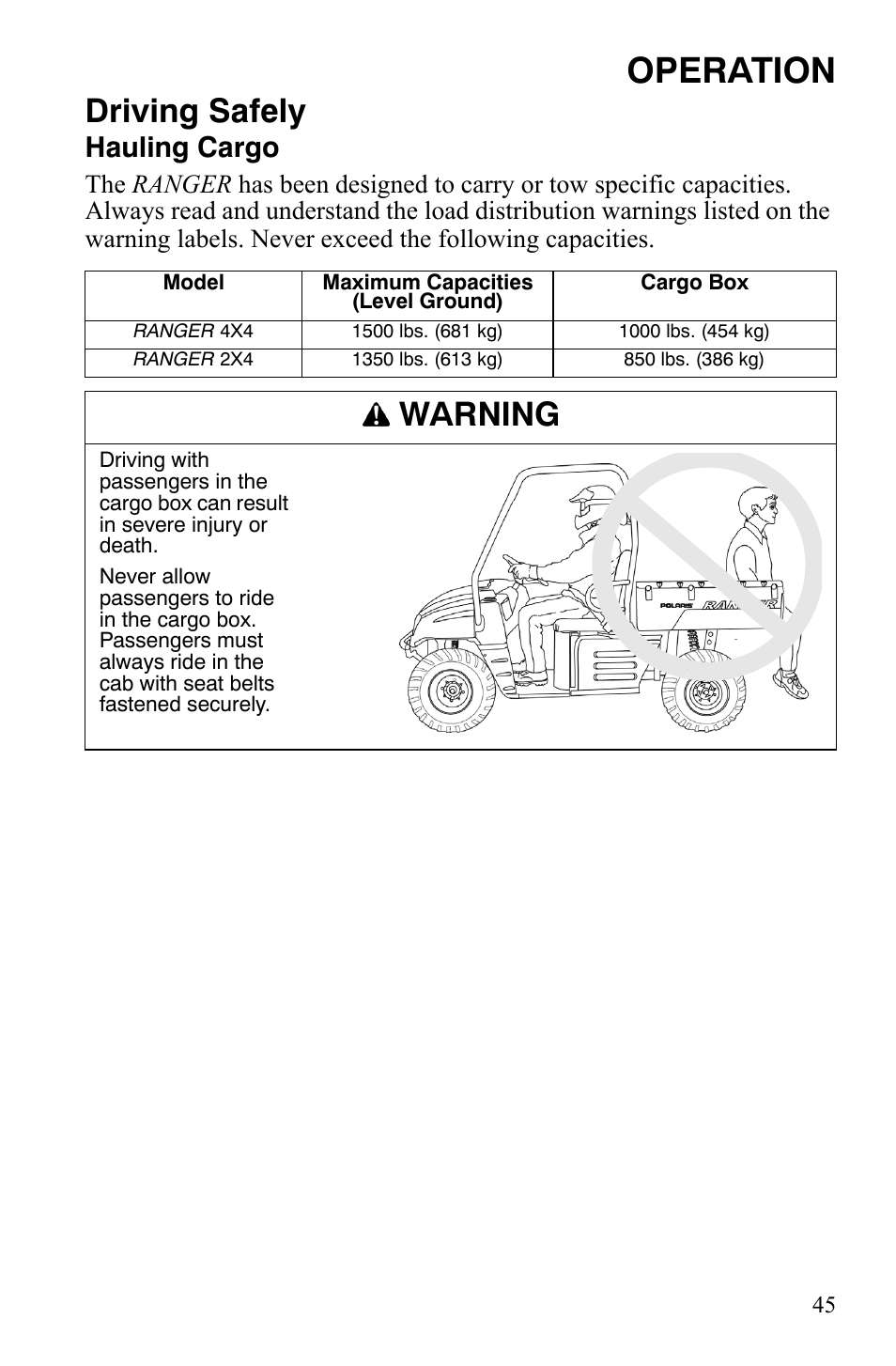 Operation, Driving safely, Warning | Hauling cargo | Polaris 500 User Manual | Page 48 / 129