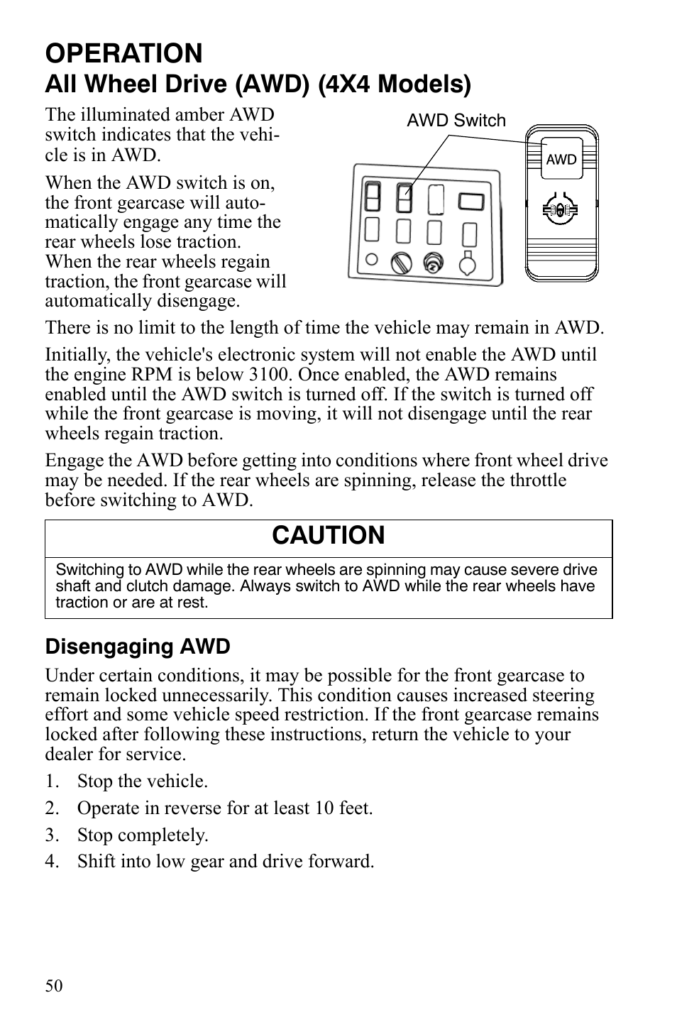 Operation, All wheel drive (awd) (4x4 models), Caution | Polaris 500 User Manual | Page 53 / 129