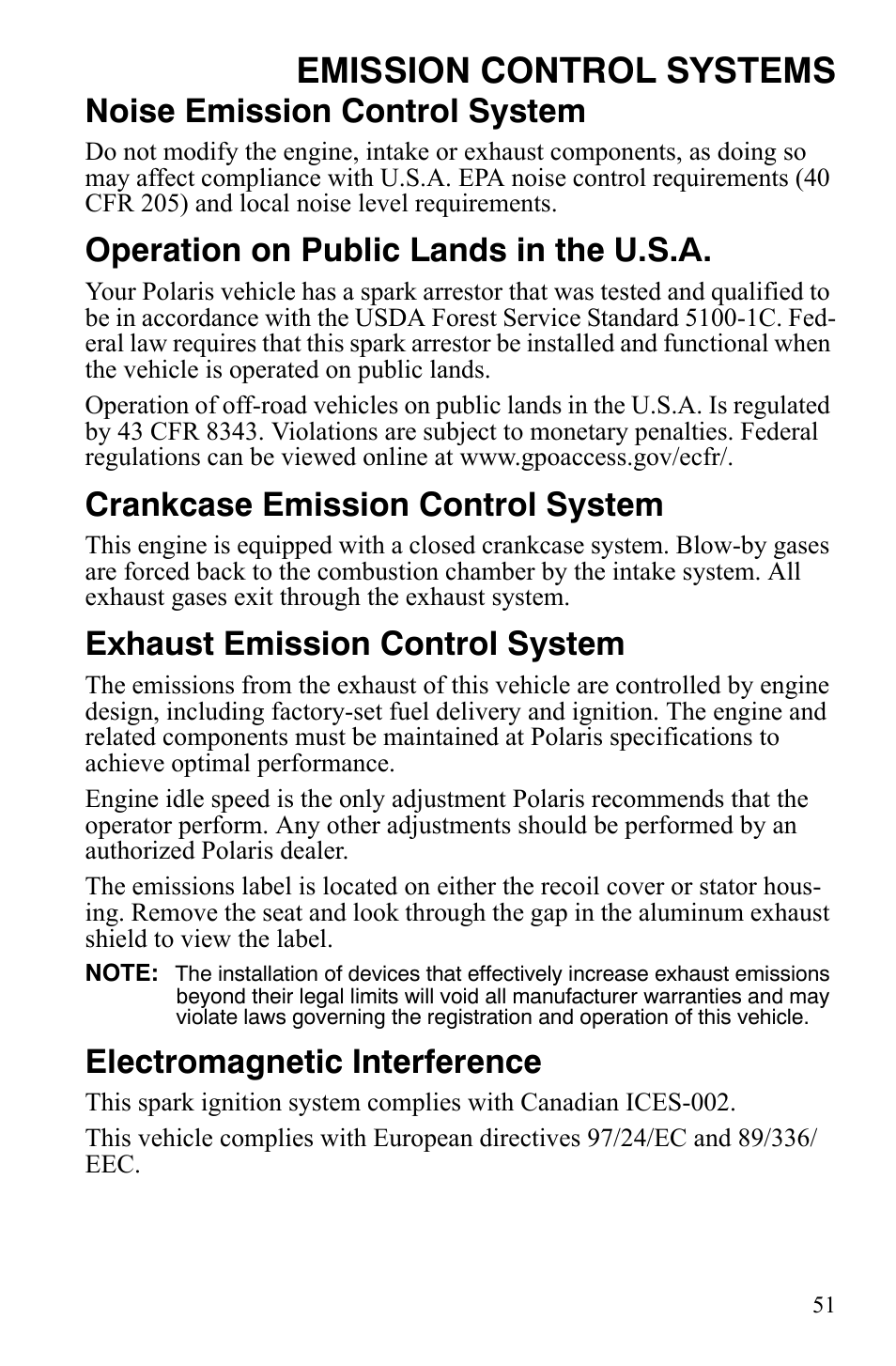 Emission control systems, Noise emission control system, Operation on public lands in the u.s.a | Crankcase emission control system, Exhaust emission control system, Electromagnetic interference | Polaris 500 User Manual | Page 54 / 129