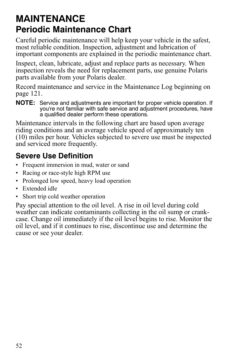 Maintenance, Periodic maintenance chart | Polaris 500 User Manual | Page 55 / 129