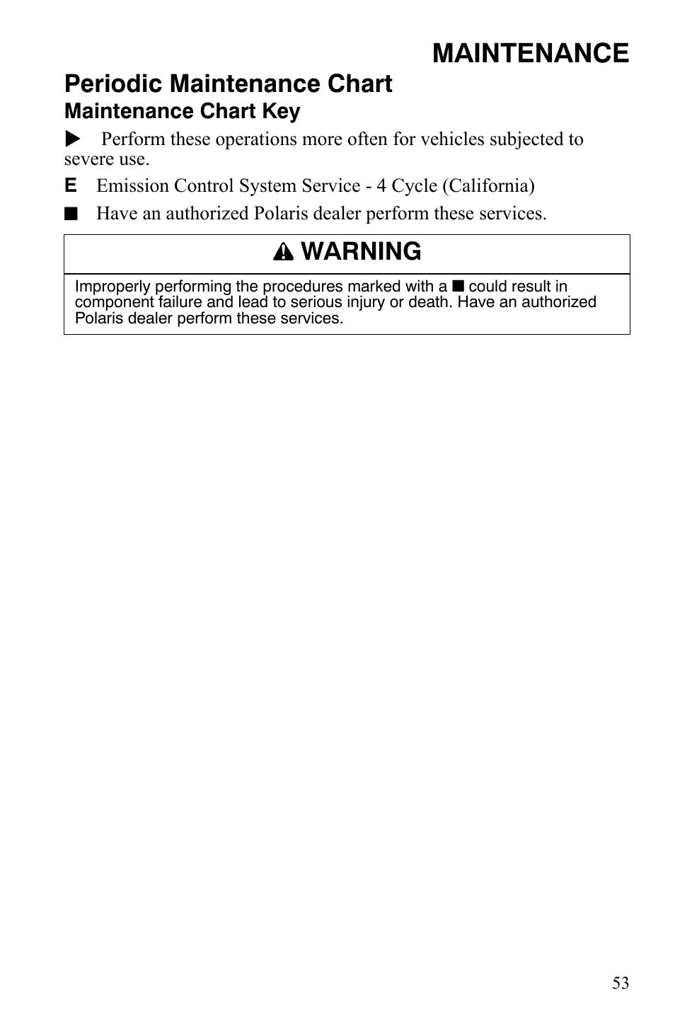 Maintenance, Periodic maintenance chart, Warning | Polaris 500 User Manual | Page 56 / 129