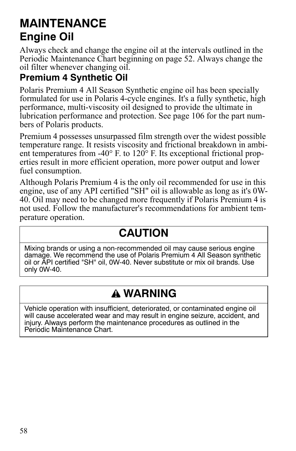 Maintenance, Engine oil, Caution | Warning | Polaris 500 User Manual | Page 61 / 129