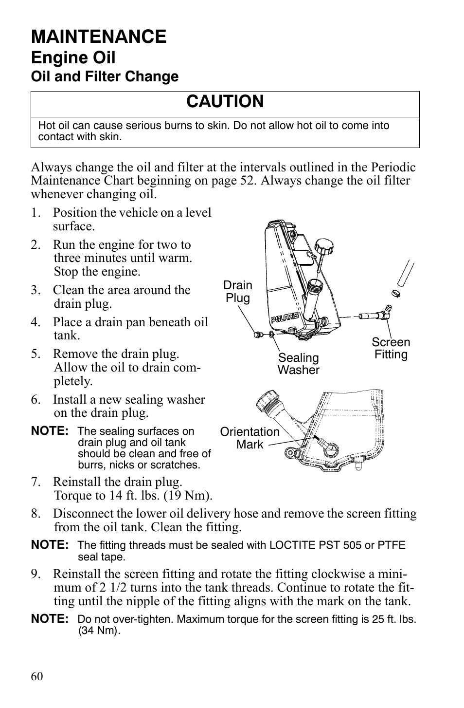 Maintenance, Engine oil, Caution | Oil and filter change | Polaris 500 User Manual | Page 63 / 129