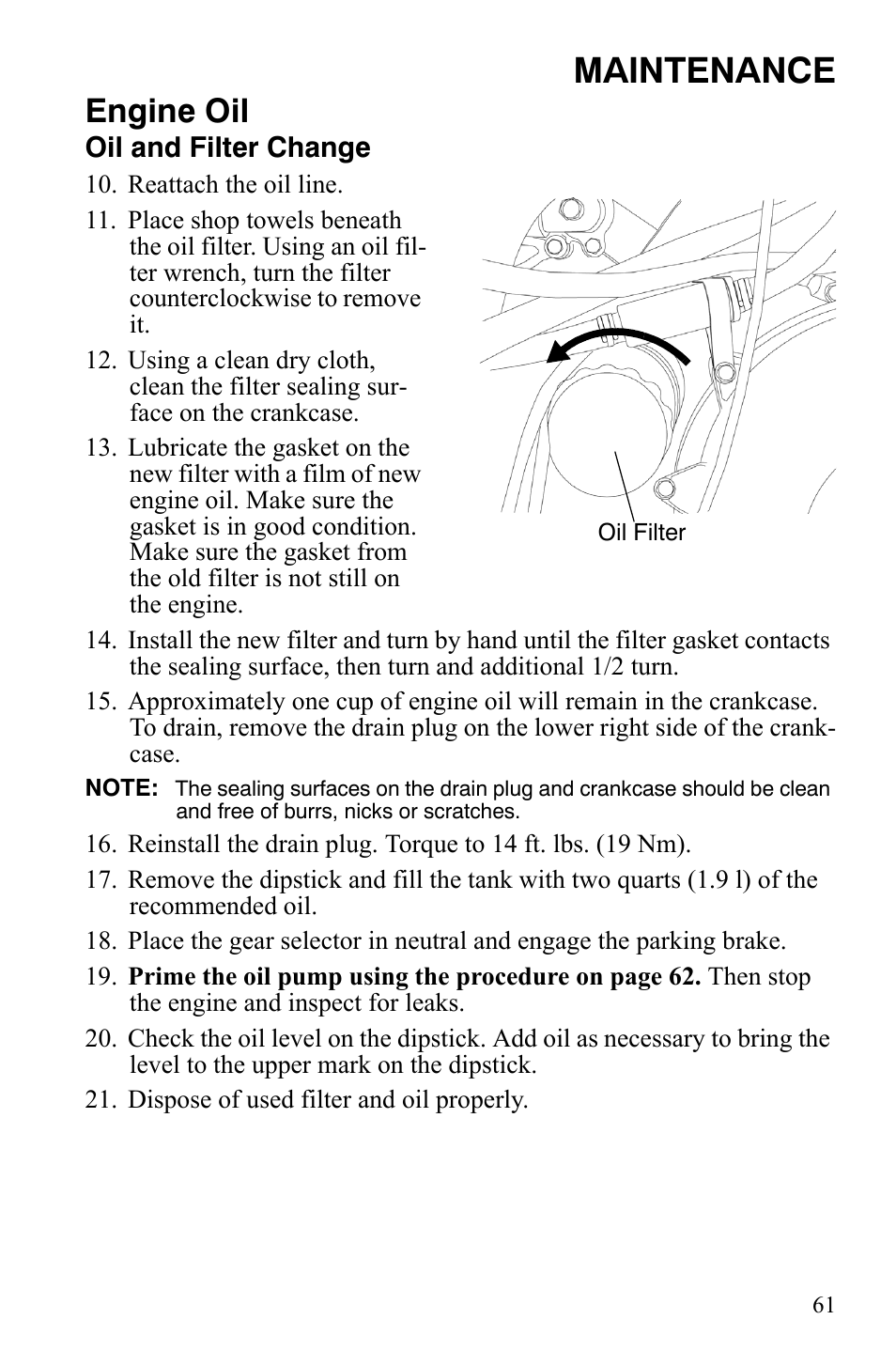 Maintenance, Engine oil | Polaris 500 User Manual | Page 64 / 129