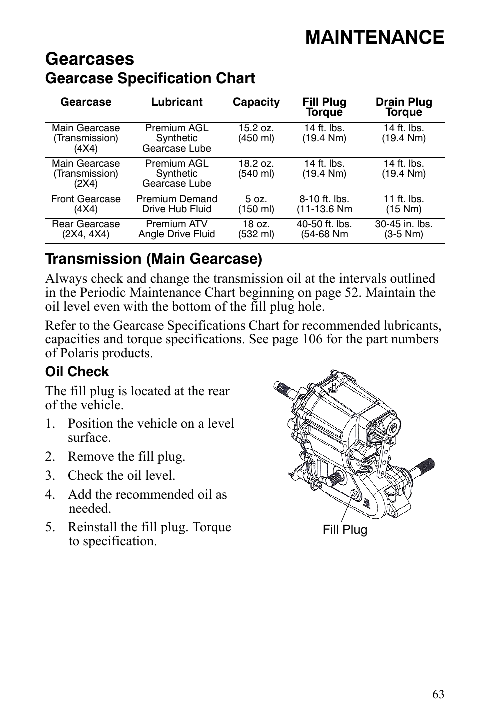 Maintenance, Gearcases | Polaris 500 User Manual | Page 66 / 129