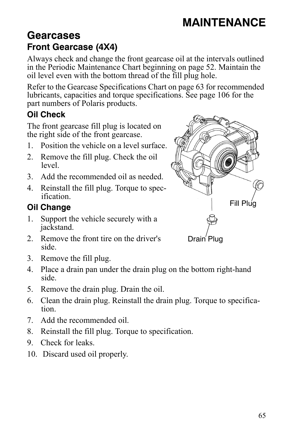 Maintenance, Gearcases | Polaris 500 User Manual | Page 68 / 129