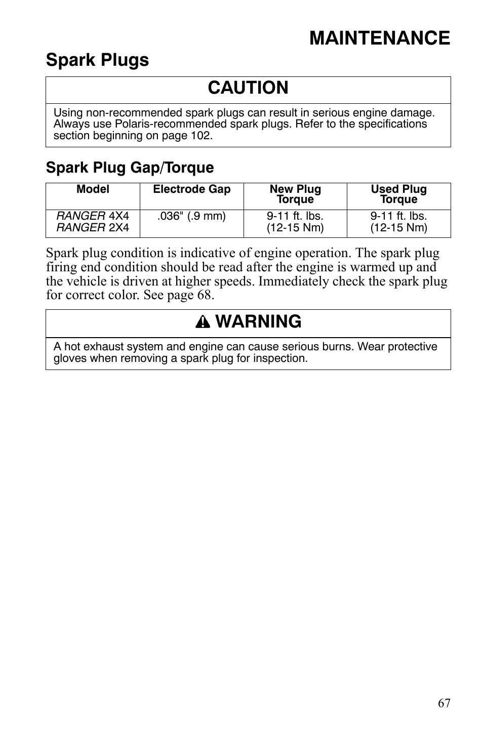Maintenance, Spark plugs, Caution | Warning, Spark plug gap/torque | Polaris 500 User Manual | Page 70 / 129