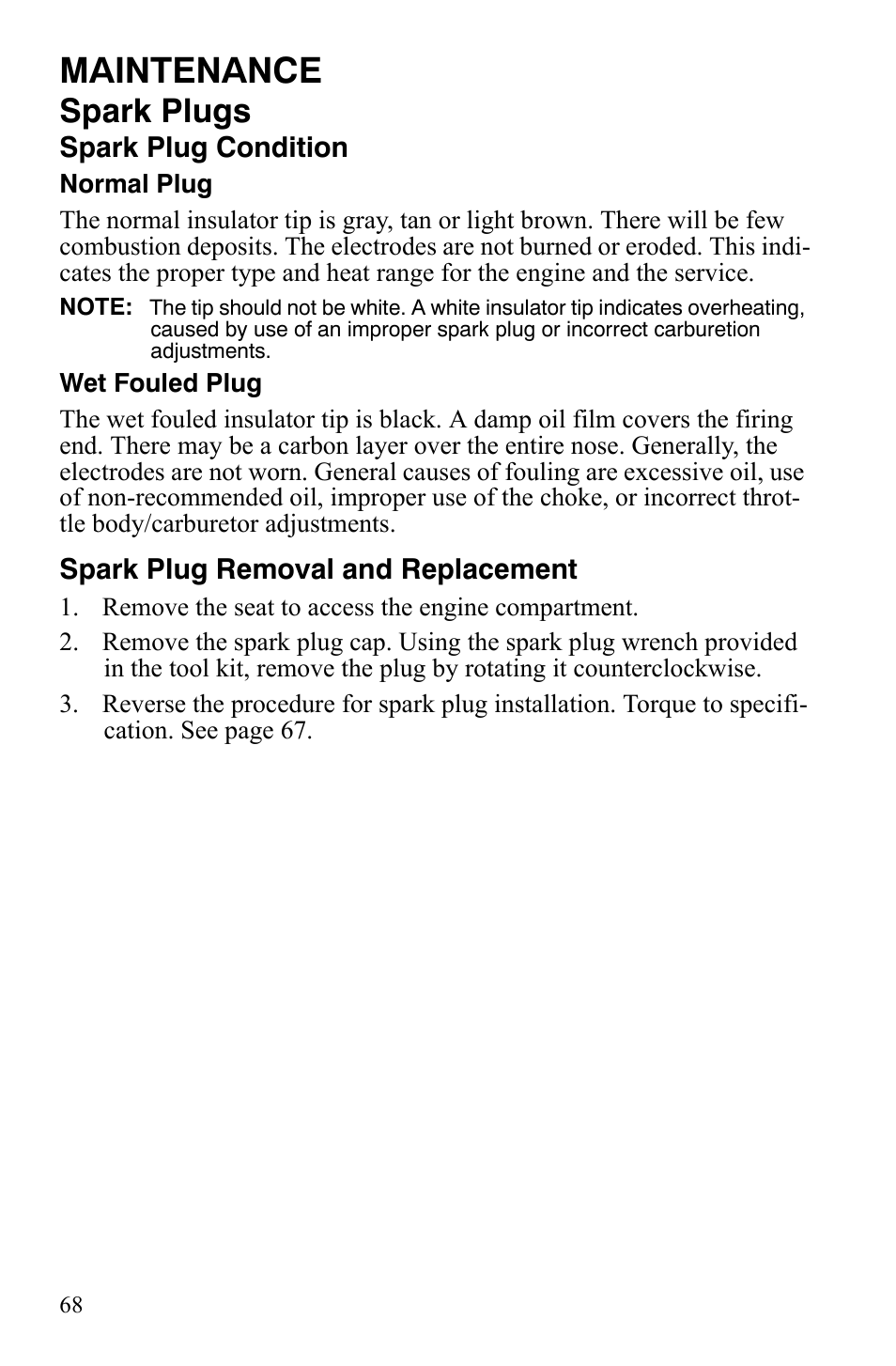 Maintenance, Spark plugs | Polaris 500 User Manual | Page 71 / 129
