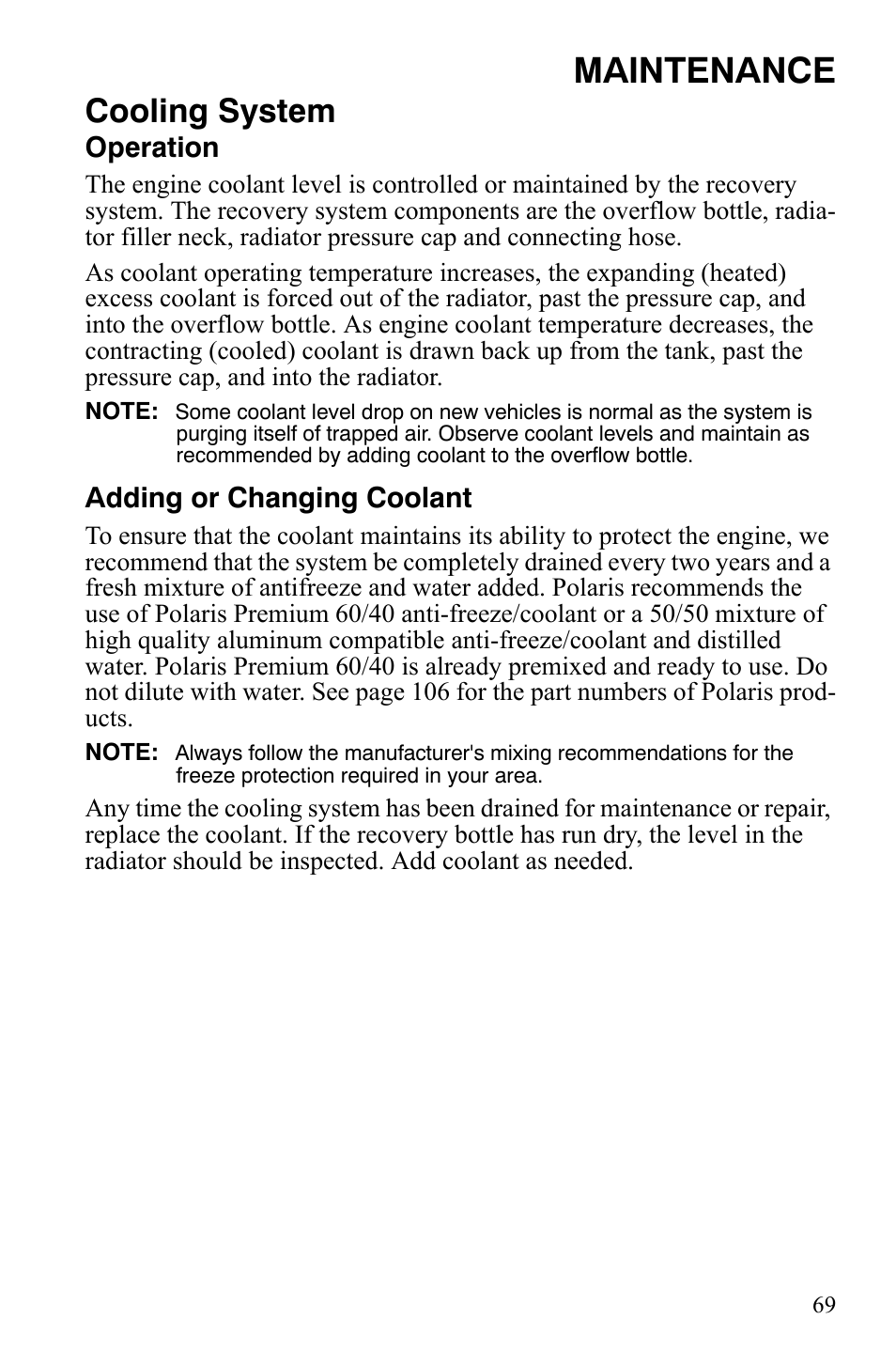 Maintenance, Cooling system | Polaris 500 User Manual | Page 72 / 129