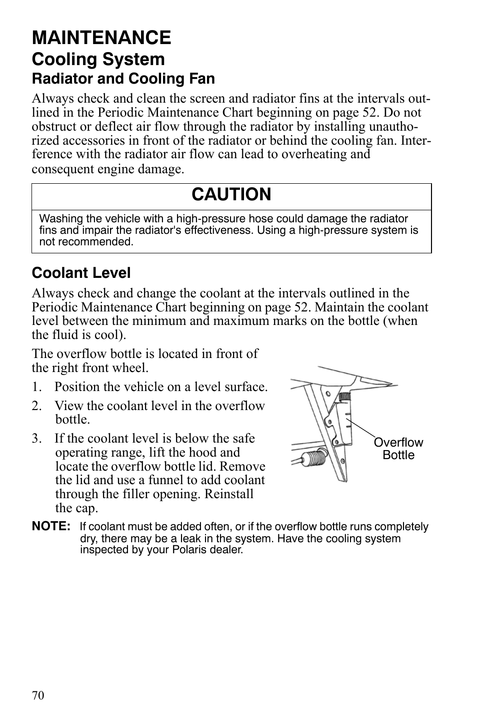 Maintenance, Cooling system, Caution | Polaris 500 User Manual | Page 73 / 129