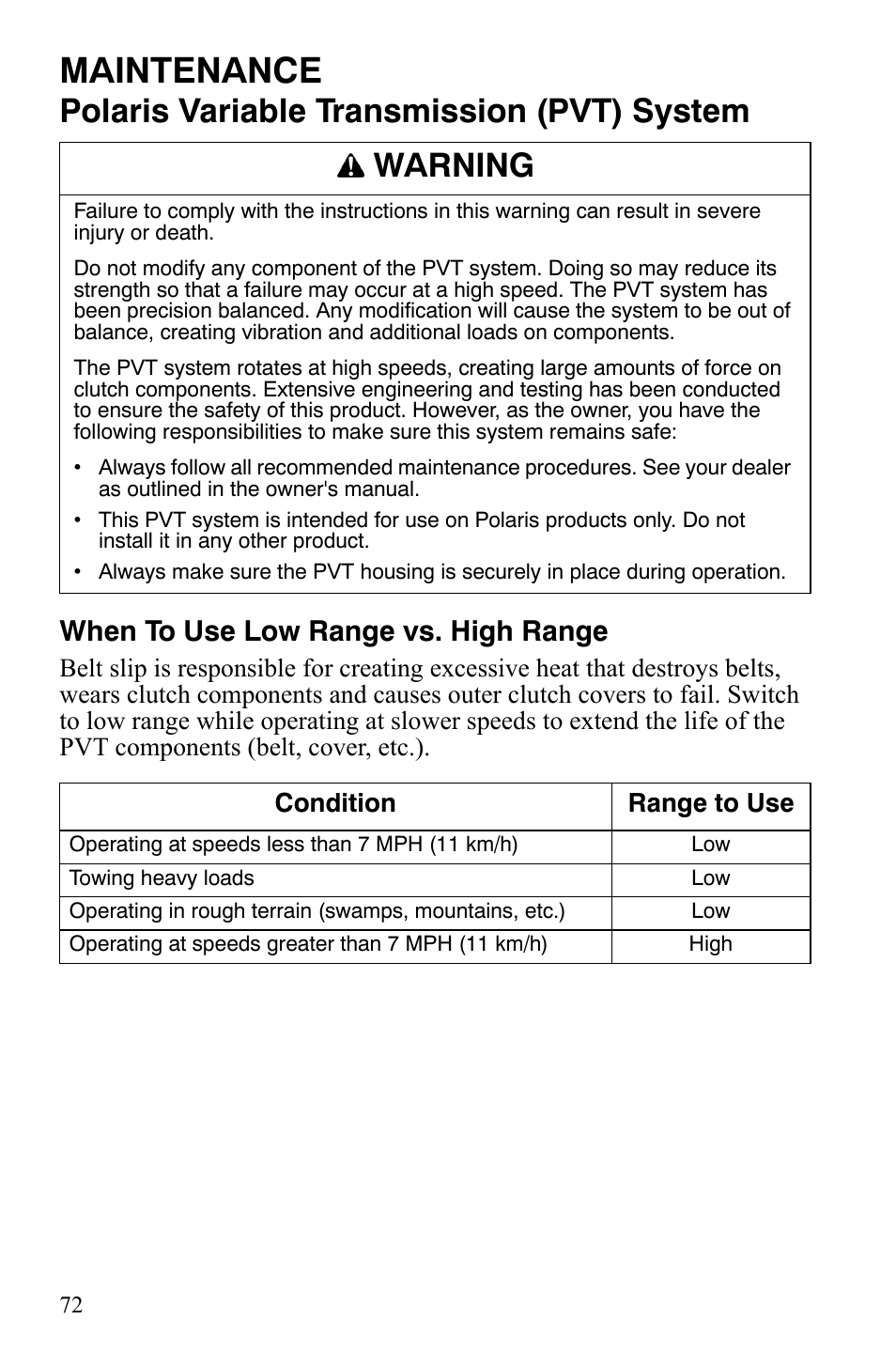 Maintenance, Polaris variable transmission (pvt) system, Warning | When to use low range vs. high range | Polaris 500 User Manual | Page 75 / 129