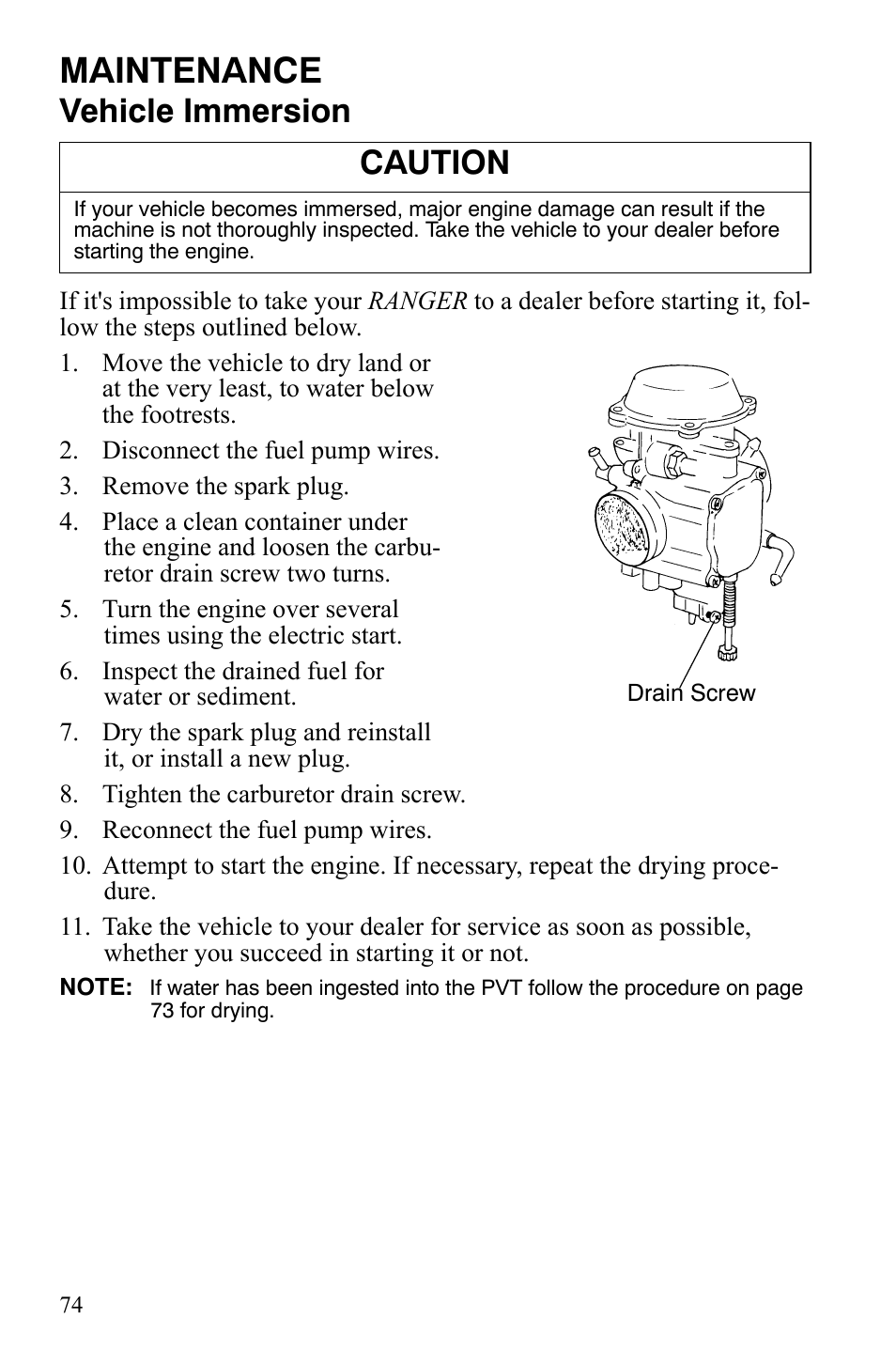Maintenance, Vehicle immersion, Caution | Polaris 500 User Manual | Page 77 / 129