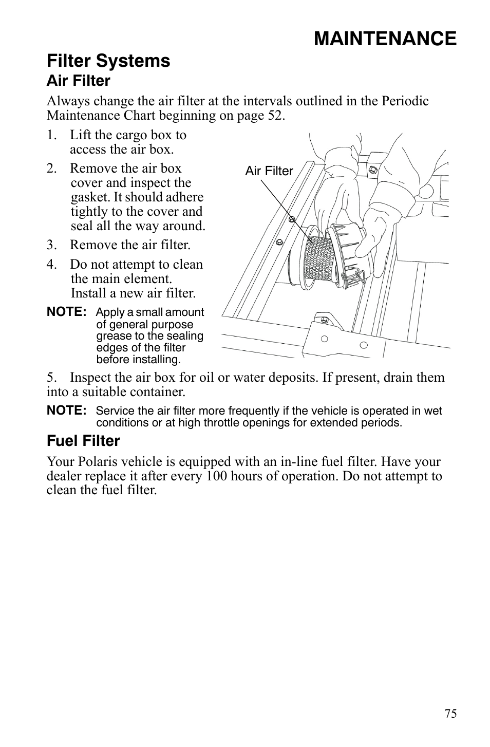 Maintenance, Filter systems, Air filter | Fuel filter | Polaris 500 User Manual | Page 78 / 129