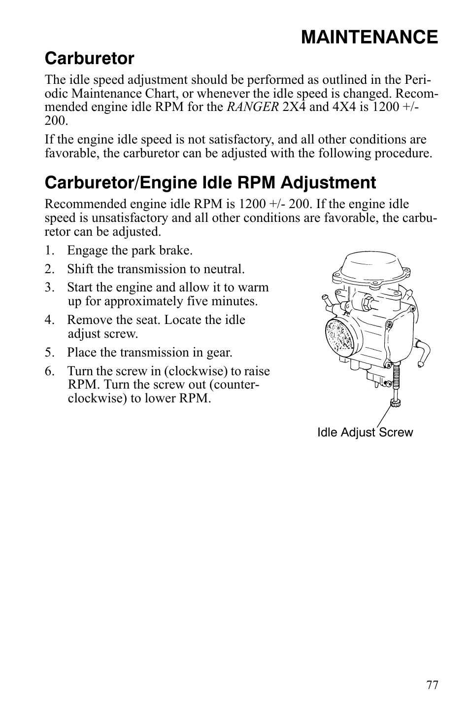 Maintenance, Carburetor, Carburetor/engine idle rpm adjustment | Polaris 500 User Manual | Page 80 / 129
