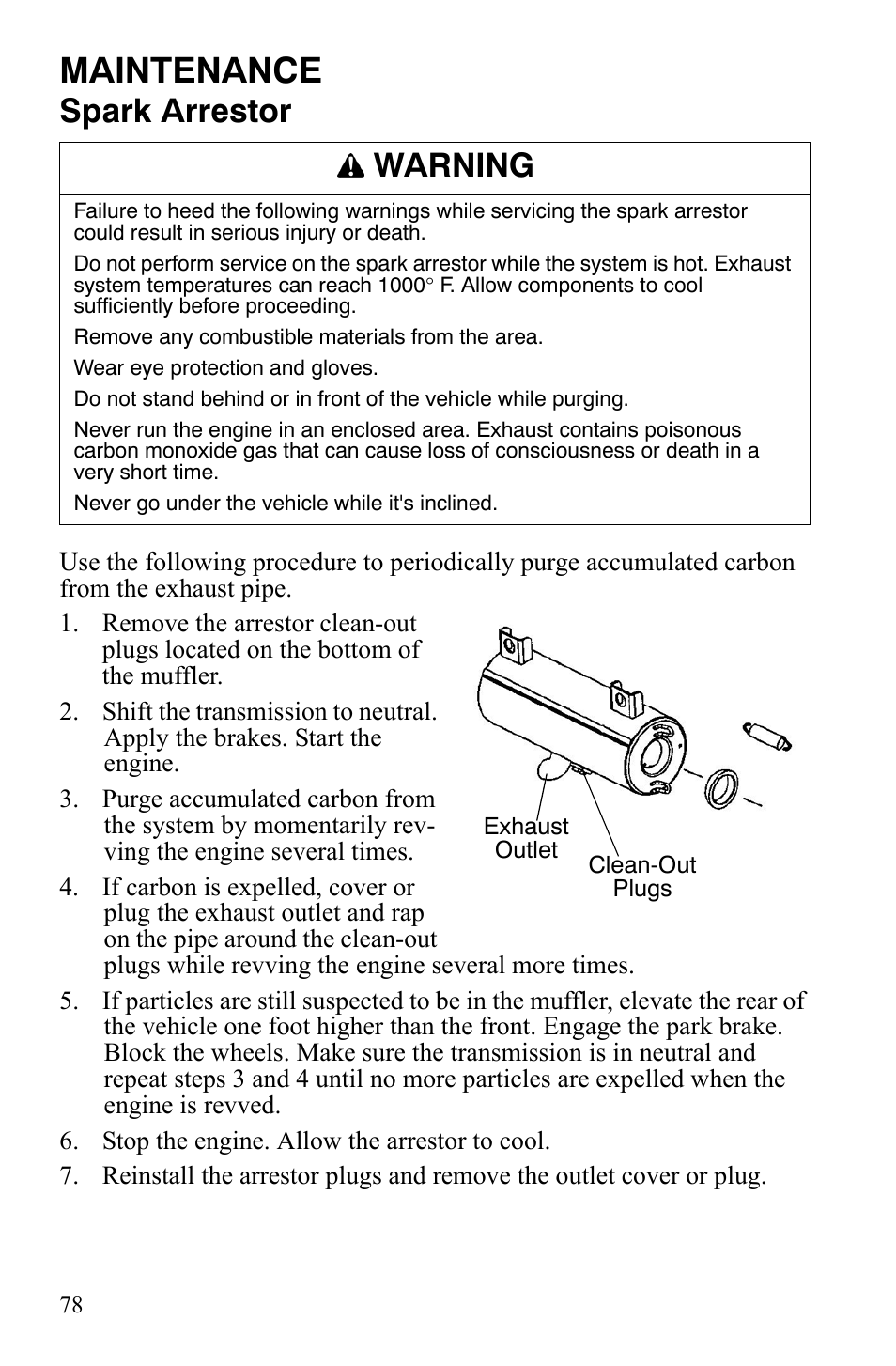 Maintenance, Spark arrestor, Warning | Polaris 500 User Manual | Page 81 / 129