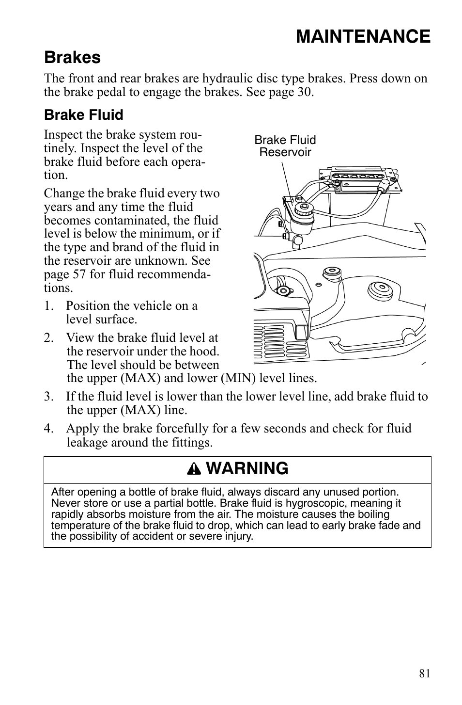 Maintenance, Brakes, Warning | Polaris 500 User Manual | Page 84 / 129