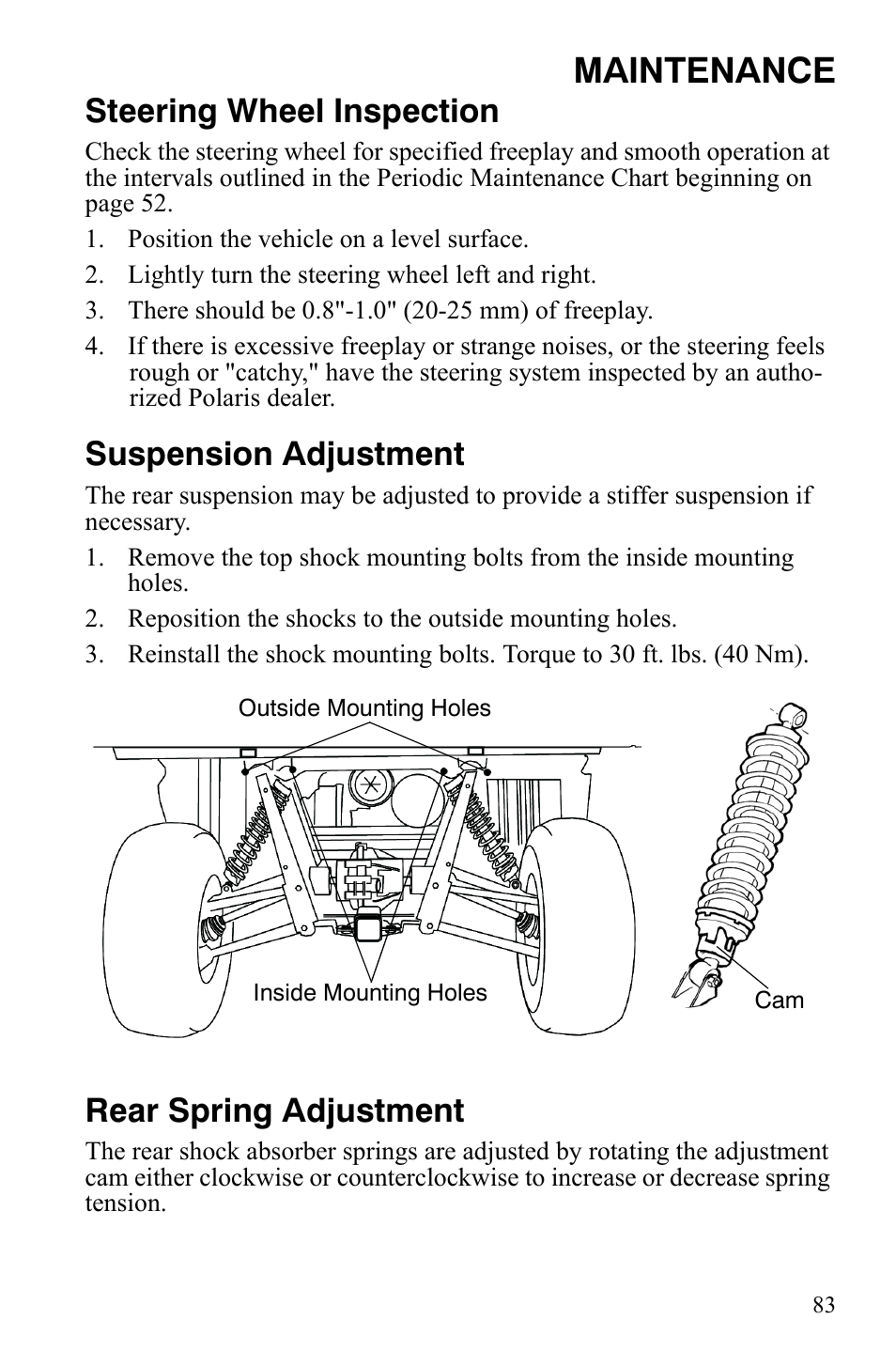 Maintenance, Steering wheel inspection, Suspension adjustment | Rear spring adjustment | Polaris 500 User Manual | Page 86 / 129