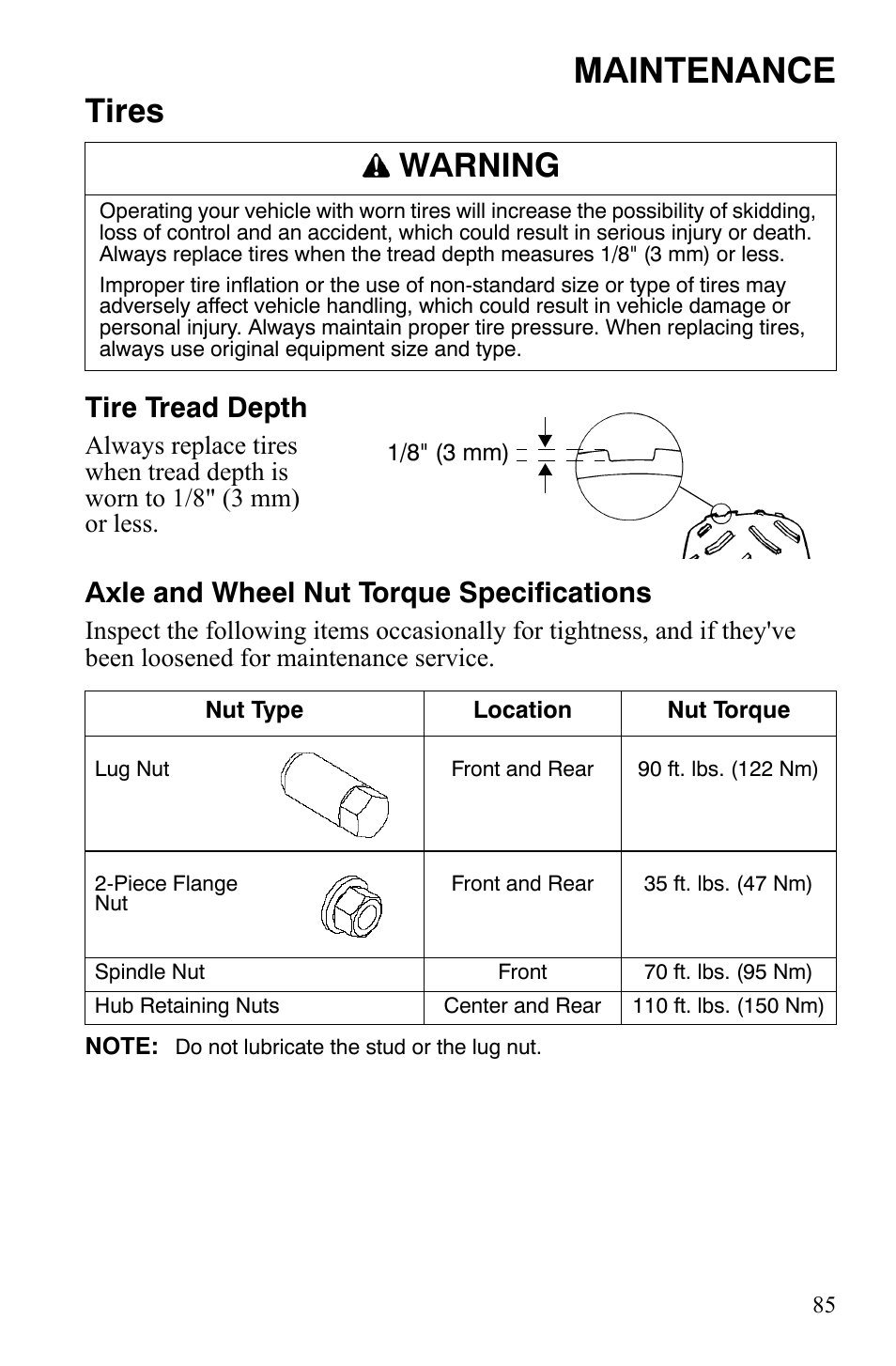 Maintenance, Tires, Warning | Tire tread depth, Axle and wheel nut torque specifications | Polaris 500 User Manual | Page 88 / 129
