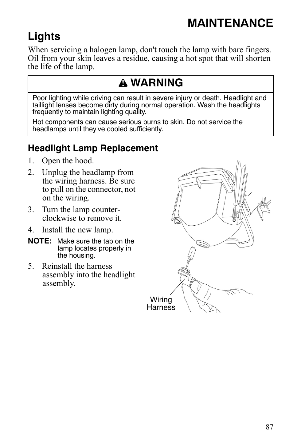 Maintenance, Lights, Warning | Headlight lamp replacement | Polaris 500 User Manual | Page 90 / 129