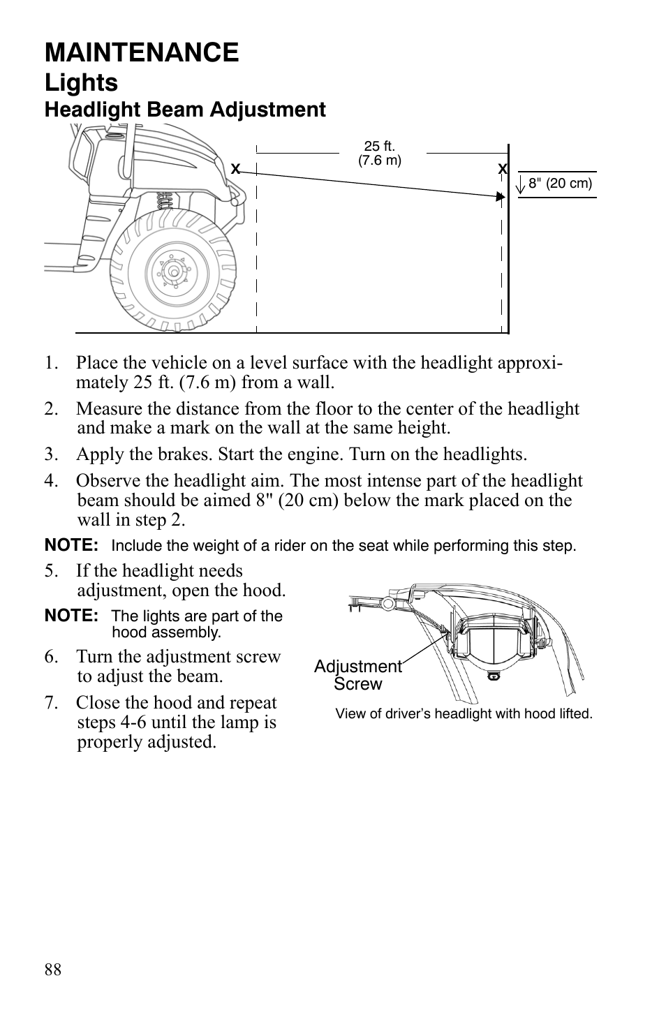 Maintenance, Lights, Headlight beam adjustment | Polaris 500 User Manual | Page 91 / 129