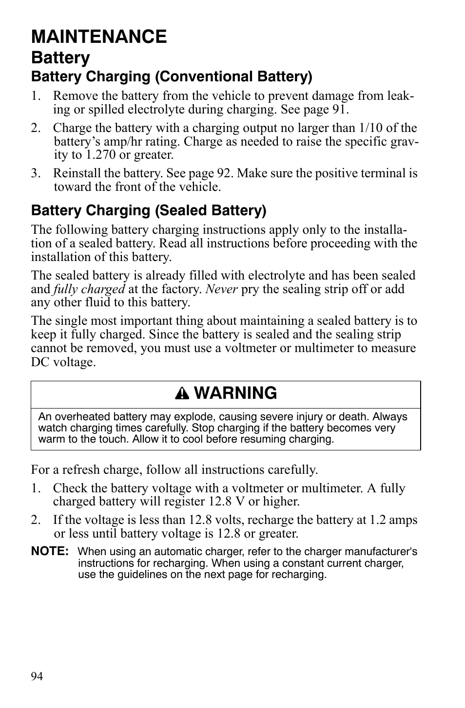 Maintenance, Battery, Warning | Polaris 500 User Manual | Page 97 / 129