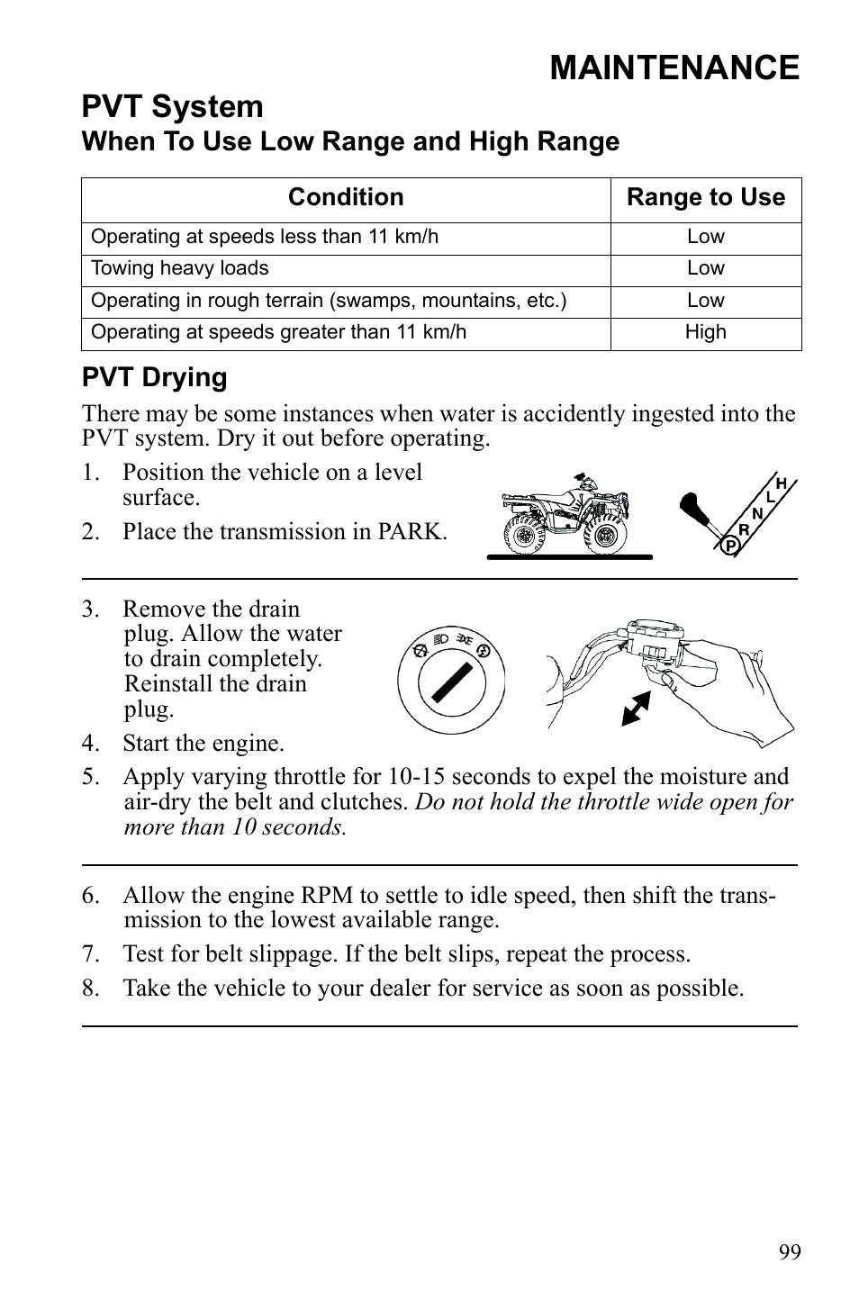 Maintenance, Pvt system, When to use low range and high range pvt drying | Polaris Sportsman 9922553 User Manual | Page 101 / 132