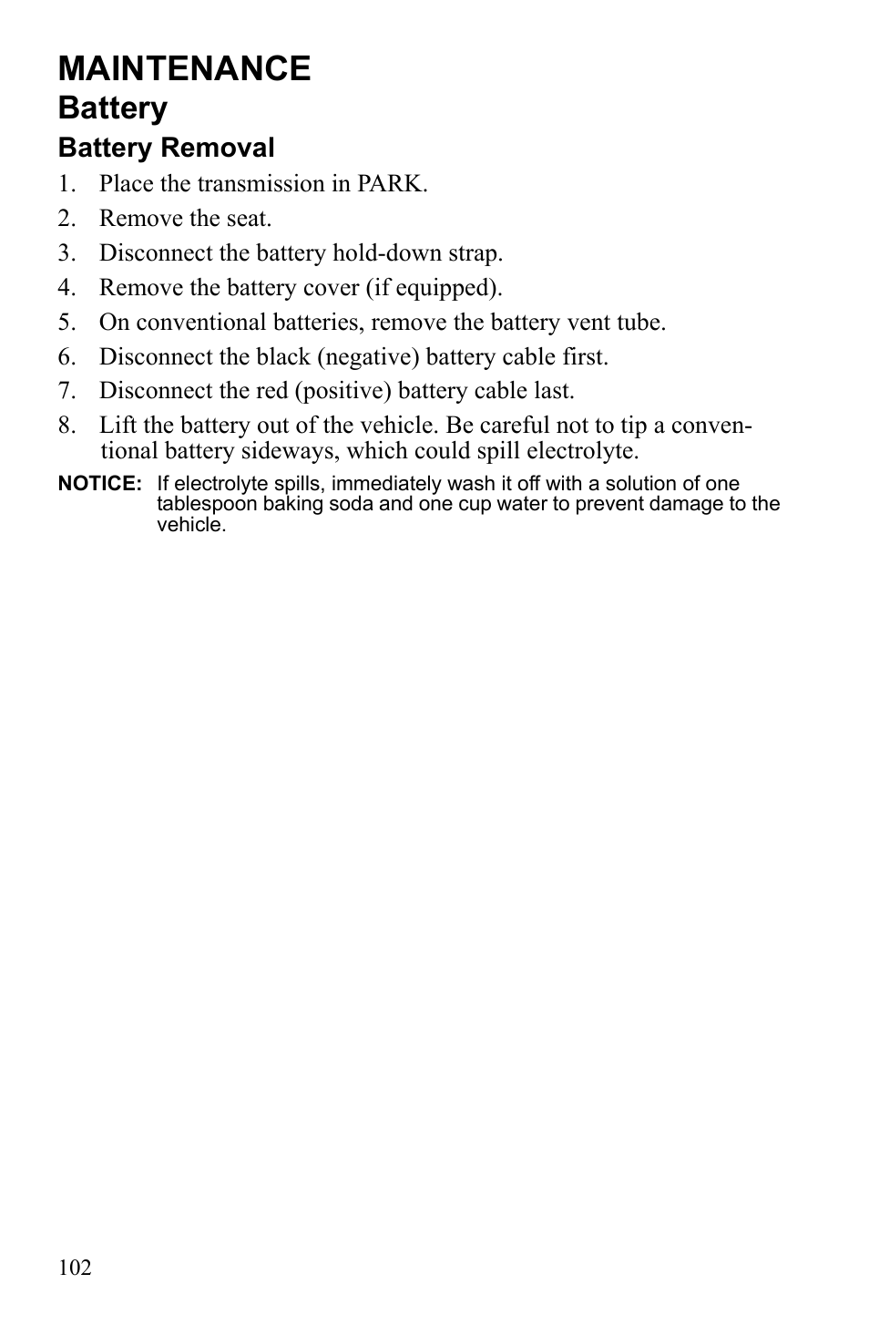 Maintenance, Battery | Polaris Sportsman 9922553 User Manual | Page 104 / 132