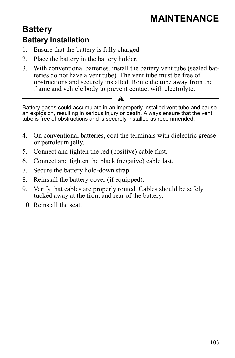 Maintenance, Battery | Polaris Sportsman 9922553 User Manual | Page 105 / 132