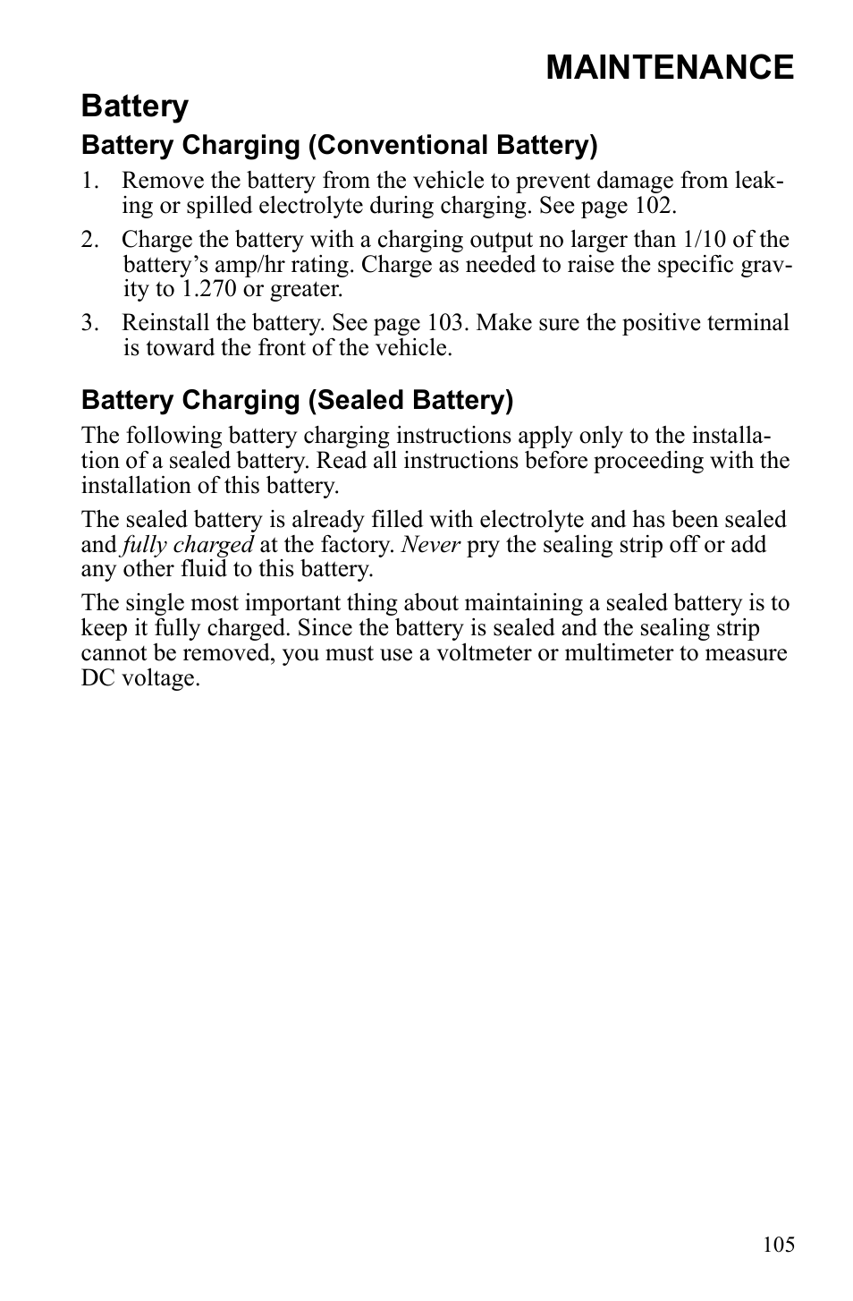 Maintenance, Battery | Polaris Sportsman 9922553 User Manual | Page 107 / 132