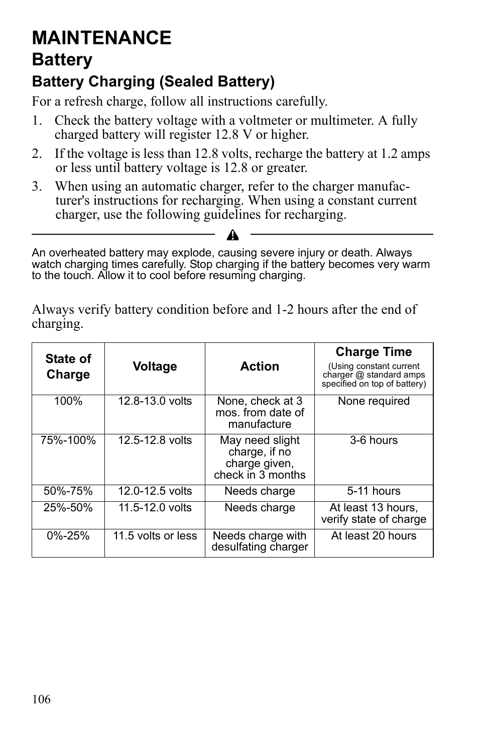 Maintenance, Battery, Battery charging (sealed battery) | Polaris Sportsman 9922553 User Manual | Page 108 / 132