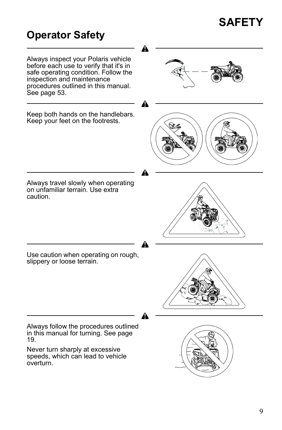 Safety, Operator safety | Polaris Sportsman 9922553 User Manual | Page 11 / 132