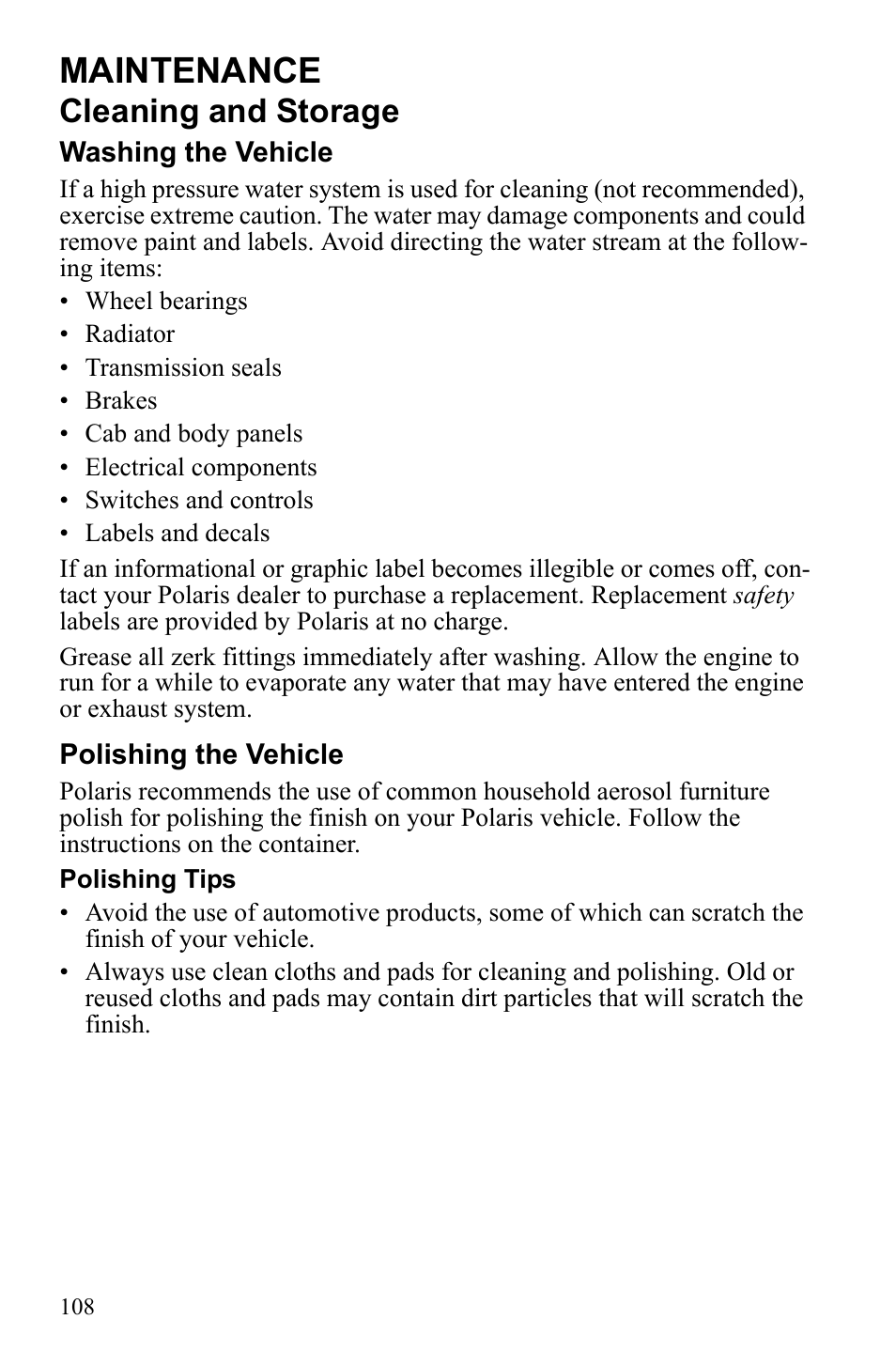 Maintenance, Cleaning and storage | Polaris Sportsman 9922553 User Manual | Page 110 / 132