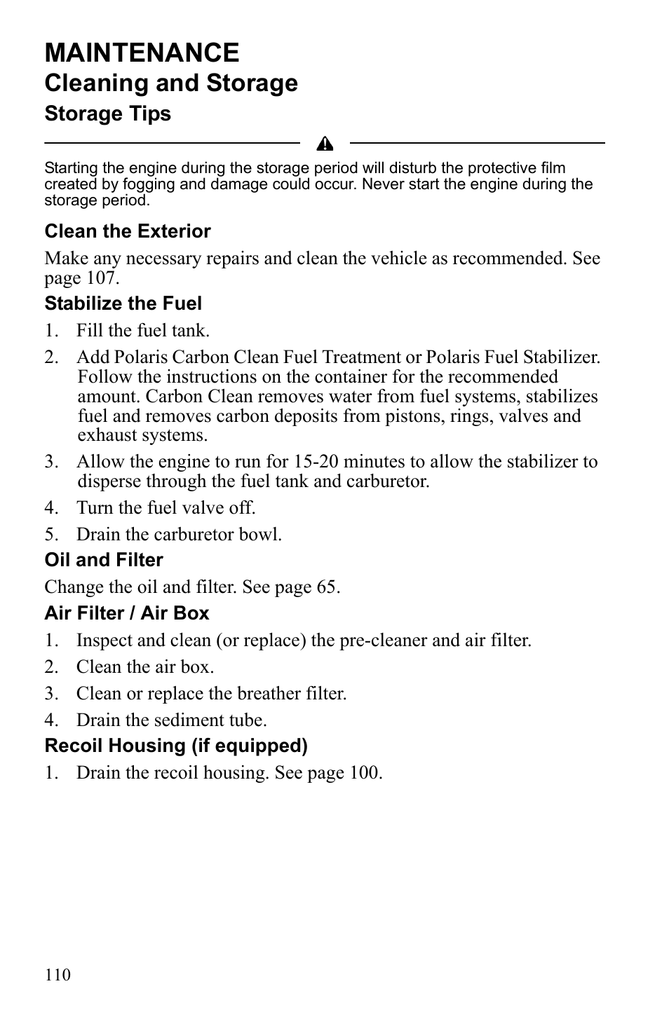 Maintenance, Cleaning and storage | Polaris Sportsman 9922553 User Manual | Page 112 / 132