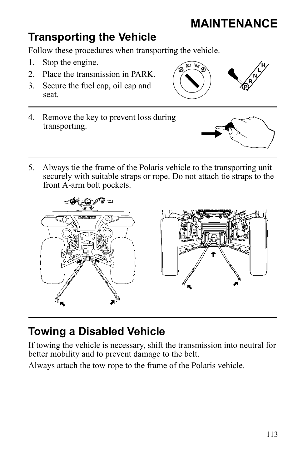 Maintenance, Transporting the vehicle, Towing a disabled vehicle | Polaris Sportsman 9922553 User Manual | Page 115 / 132