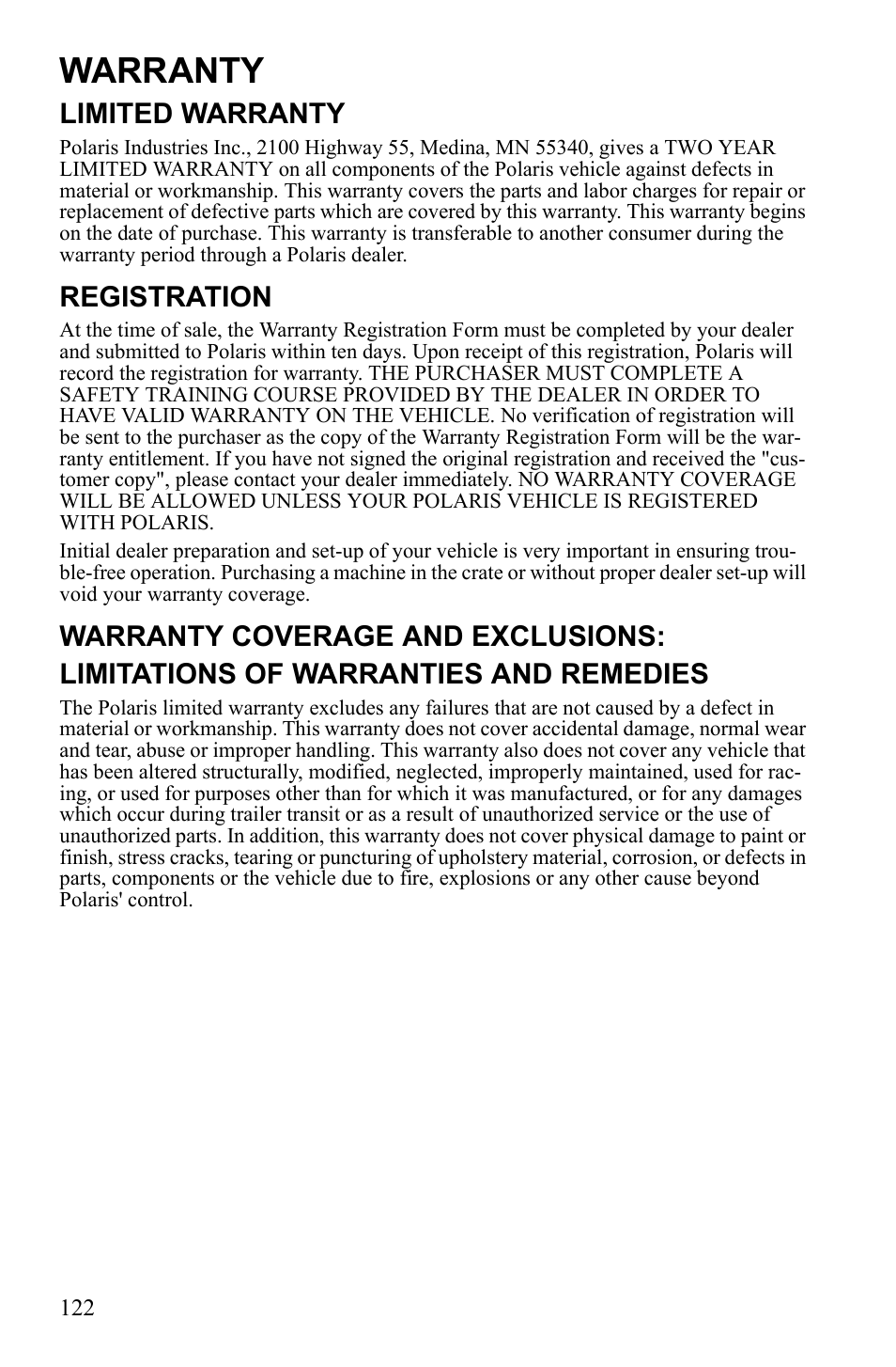 Warranty, Limited warranty, Registration | Polaris Sportsman 9922553 User Manual | Page 124 / 132