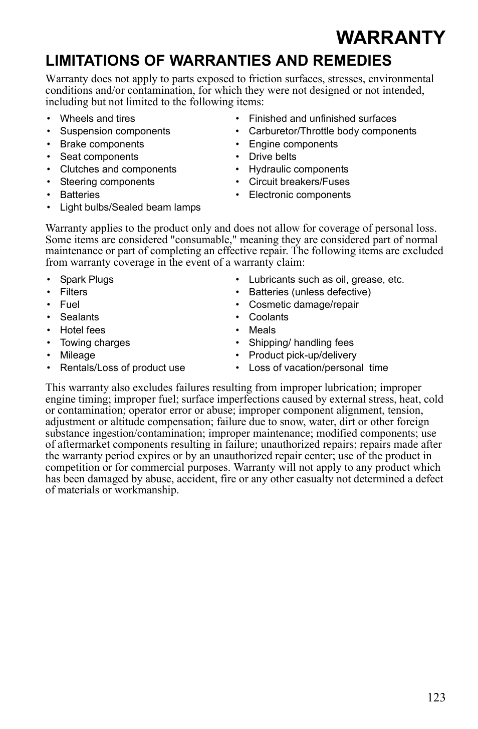 Warranty, Limitations of warranties and remedies | Polaris Sportsman 9922553 User Manual | Page 125 / 132
