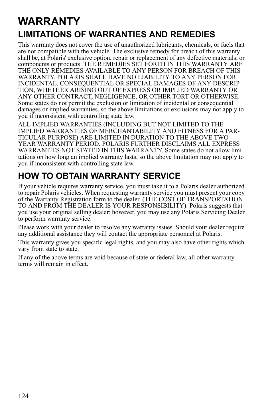 Warranty, Limitations of warranties and remedies, How to obtain warranty service | Polaris Sportsman 9922553 User Manual | Page 126 / 132