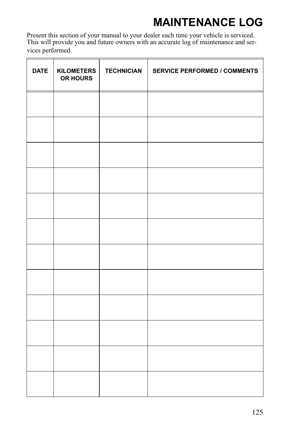 Maintenance log | Polaris Sportsman 9922553 User Manual | Page 127 / 132