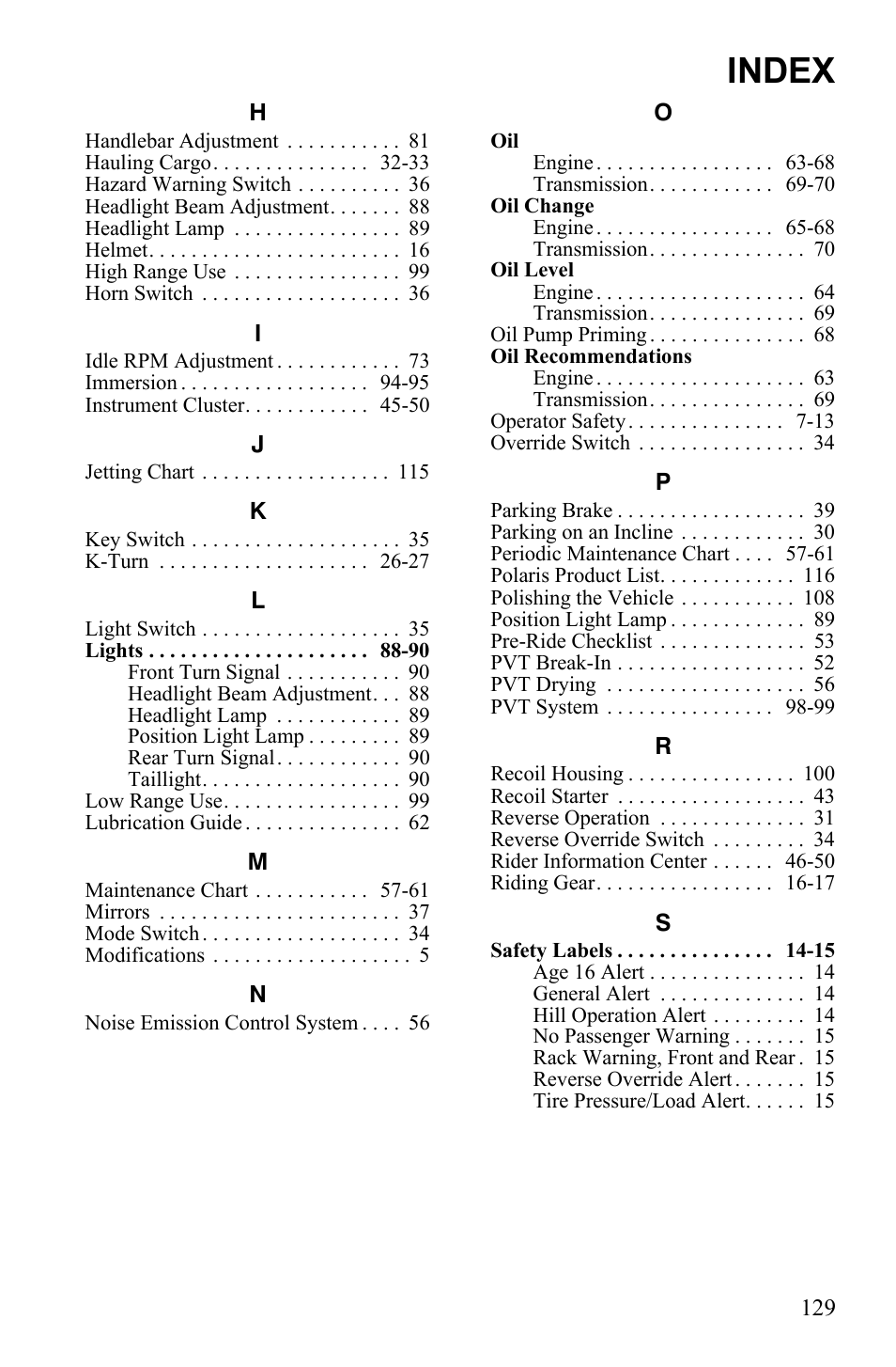 Index | Polaris Sportsman 9922553 User Manual | Page 131 / 132
