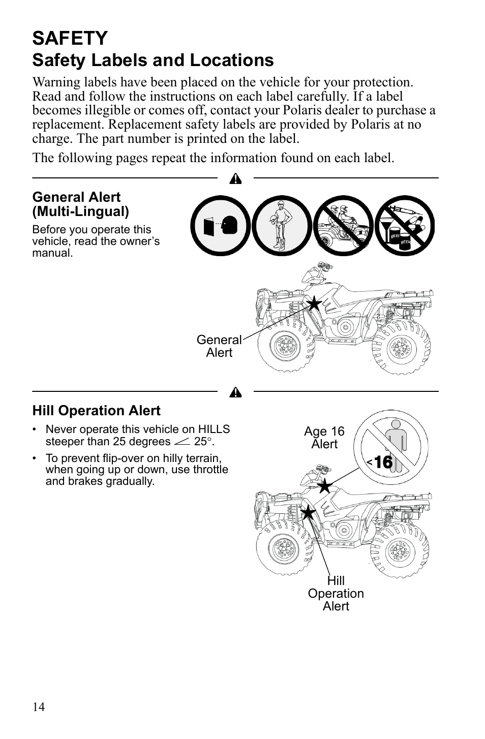Safety, Safety labels and locations | Polaris Sportsman 9922553 User Manual | Page 16 / 132
