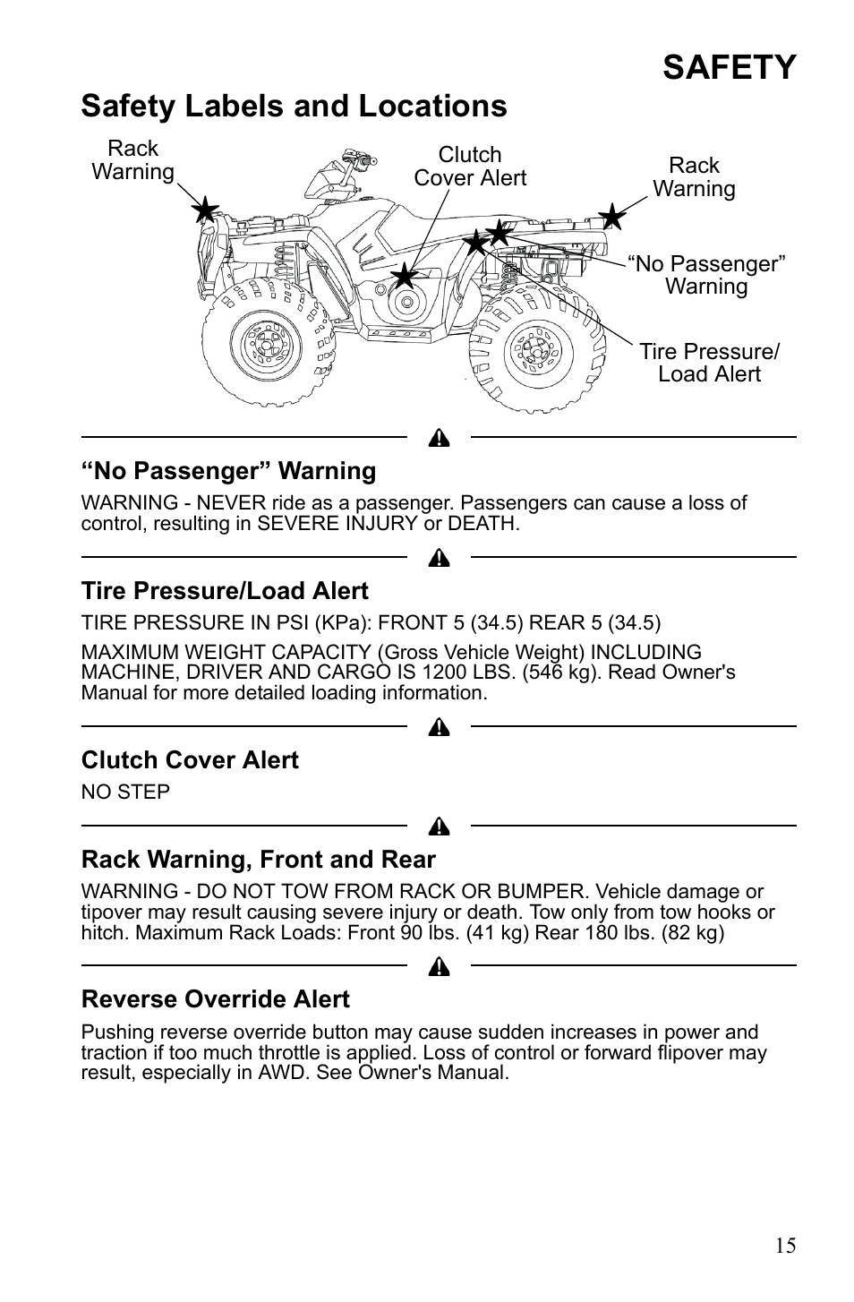 Safety, Safety labels and locations | Polaris Sportsman 9922553 User Manual | Page 17 / 132