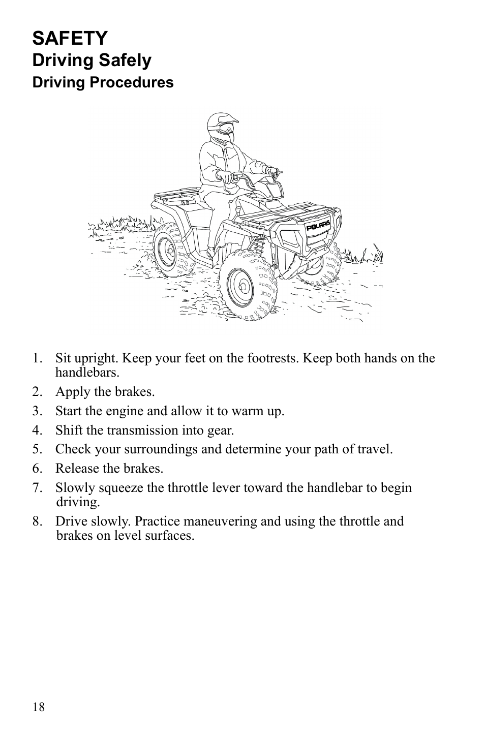 Safety, Driving safely | Polaris Sportsman 9922553 User Manual | Page 20 / 132