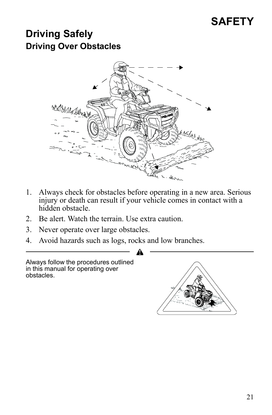 Safety, Driving safely | Polaris Sportsman 9922553 User Manual | Page 23 / 132