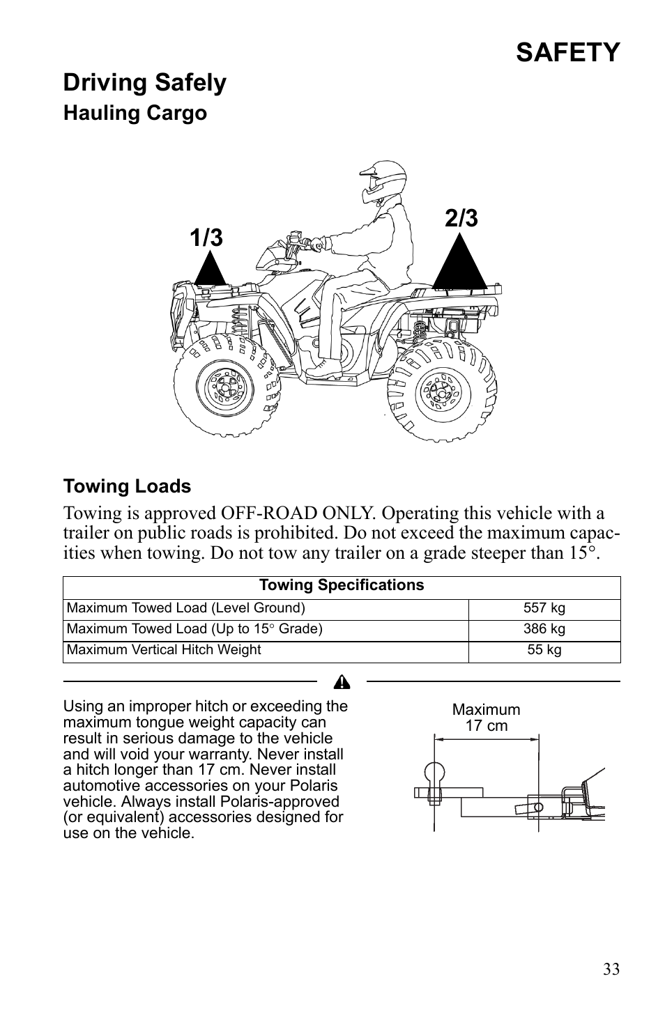 Safety, Driving safely, Hauling cargo | Polaris Sportsman 9922553 User Manual | Page 35 / 132