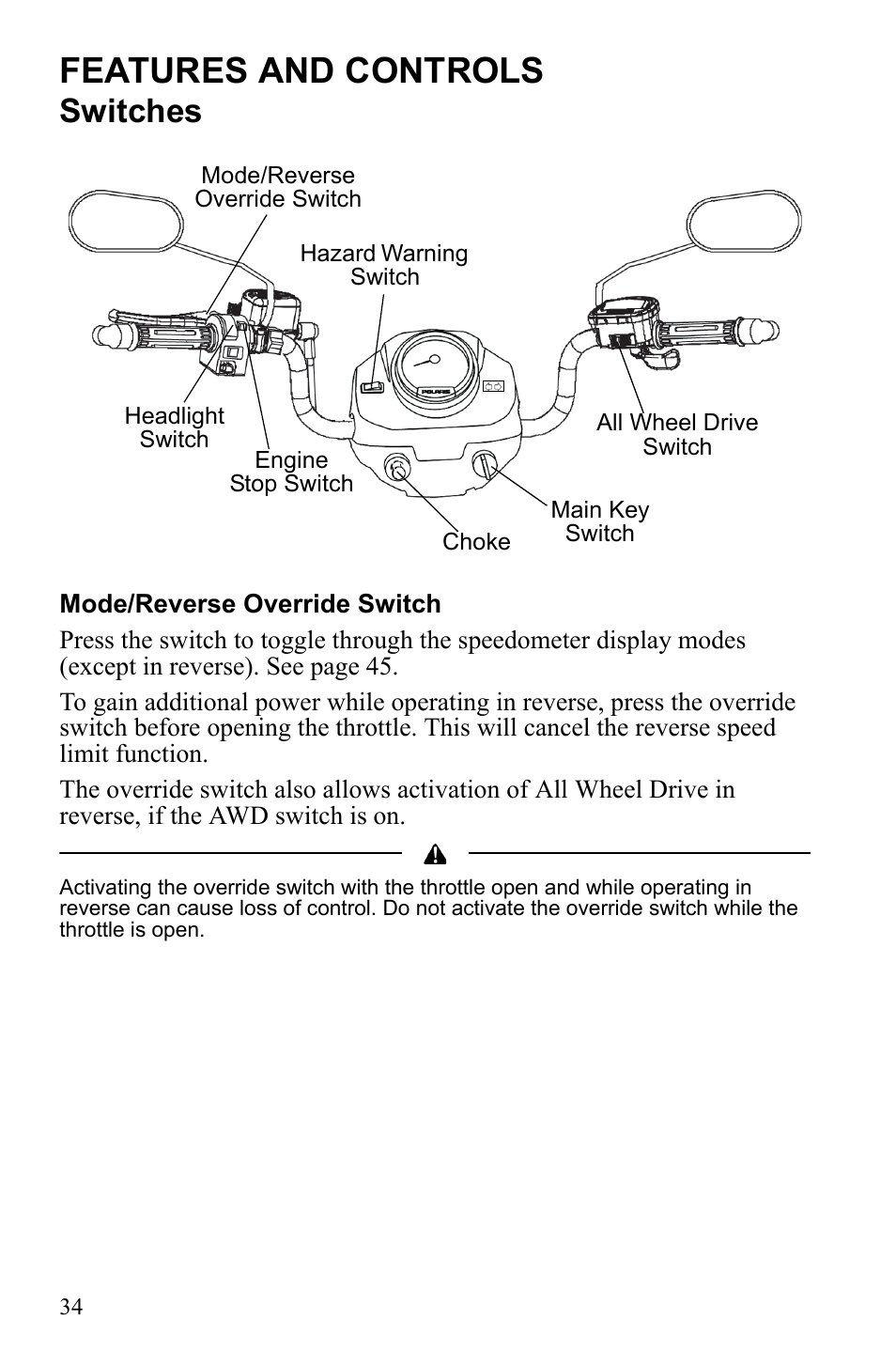 Features and controls, Switches | Polaris Sportsman 9922553 User Manual | Page 36 / 132