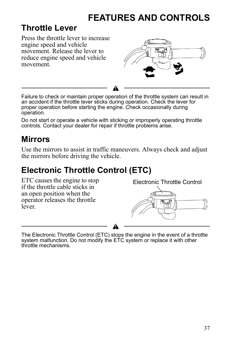 Features and controls, Throttle lever, Mirrors | Electronic throttle control (etc) | Polaris Sportsman 9922553 User Manual | Page 39 / 132